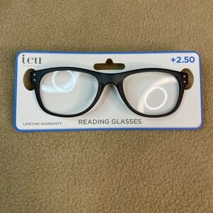 ICU‎ Eyewear Reading Glasses Matte Black Square Frame +2.50 Magnification NWT